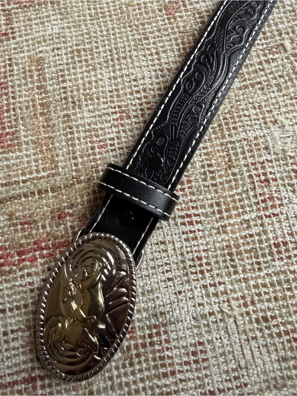 Western Bull Head Belt with Gold-Tone Oval Buckle - Black